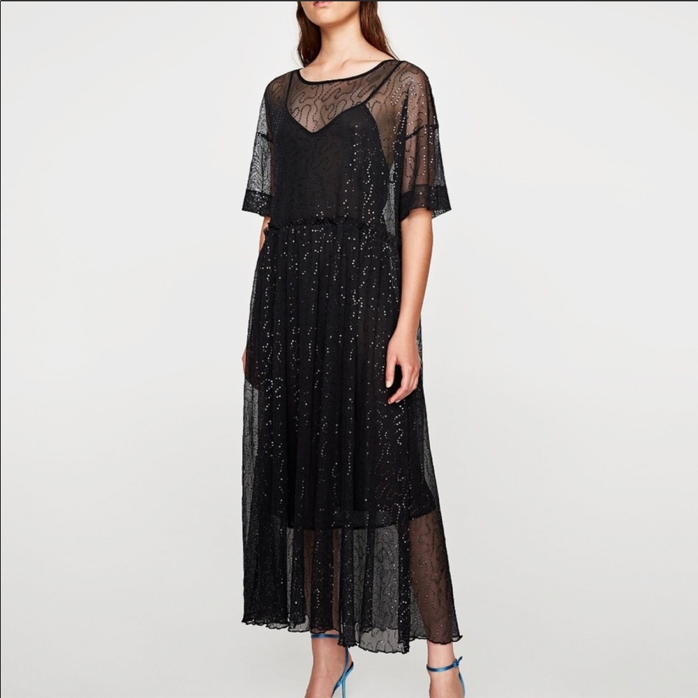 Zara AW17 NWOT black tulle dress with sequin small